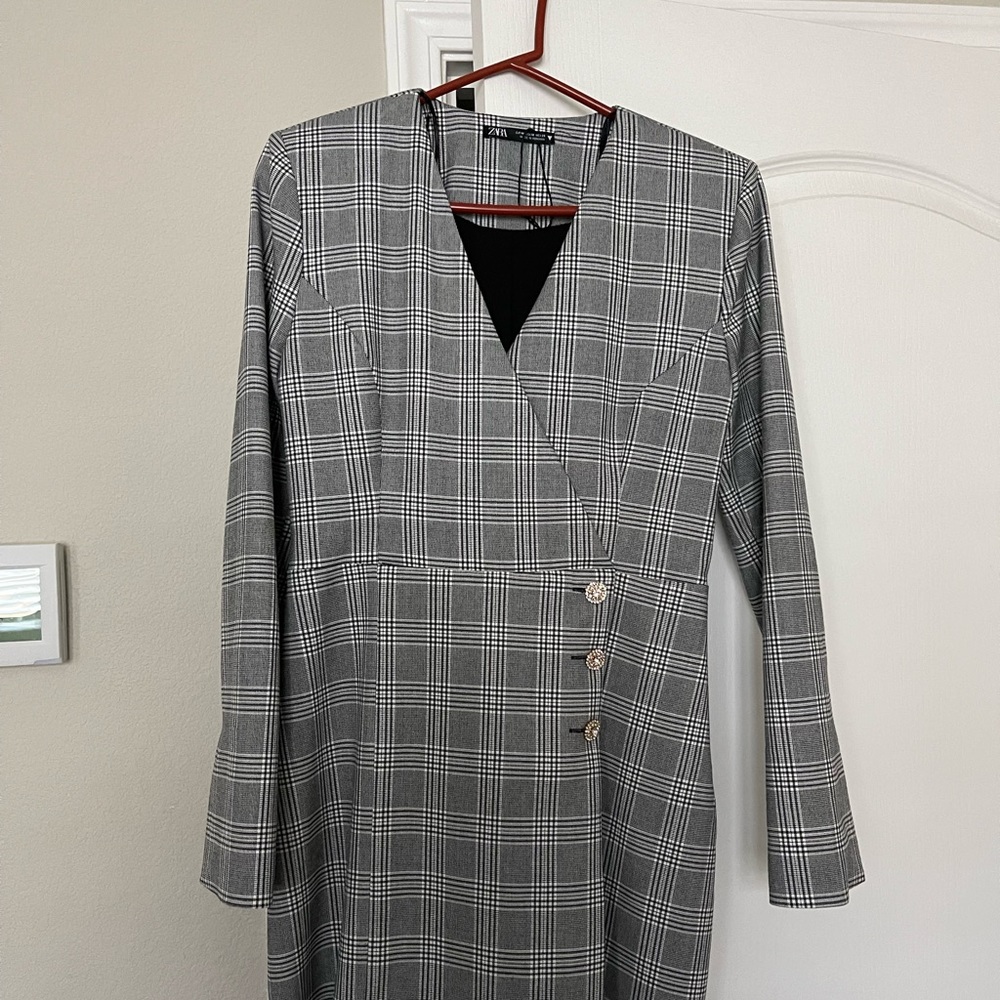 NWT ZARA Glen Plaid Blazer Dress WOMEN'S MEDIUM Black White Rhinestone buttons